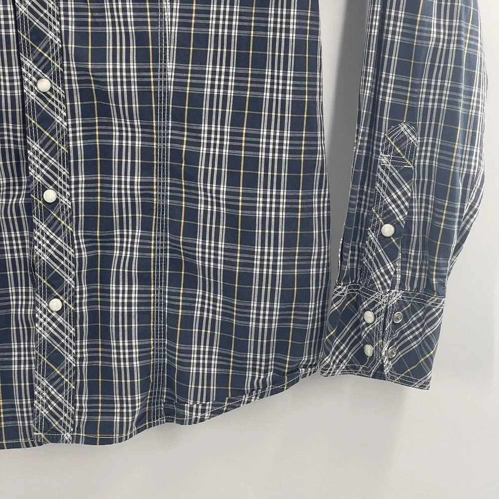 True Religion Pearl Snap Shirt Mens XLarge Blue Plaid Cotton Long Sleeve Western